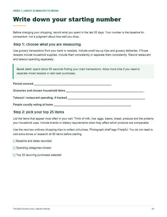 Page 6 of the guide: Write down your starting number — recording a 30-day grocery baseline and choosing your top 25 recurring items